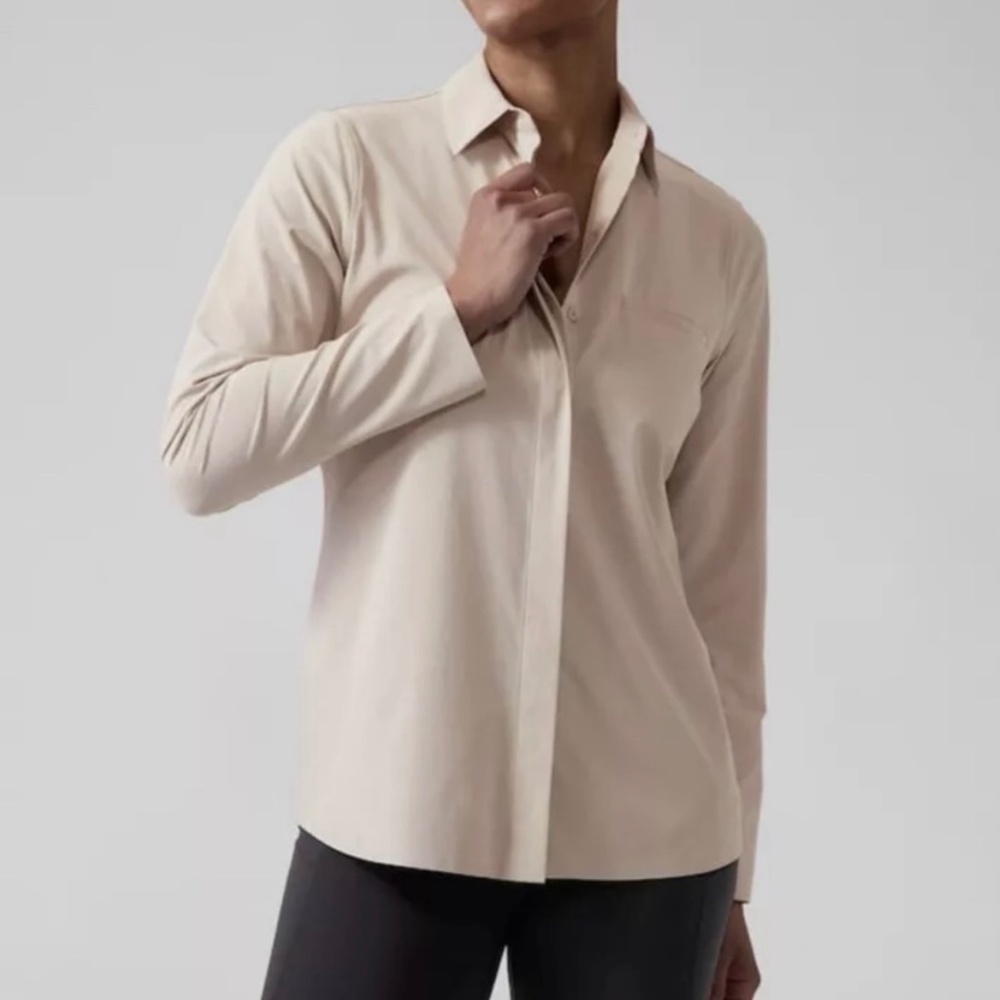 Like New [Athleta] Nude Beige Urbanite Button Down Shirt UPF+ Blouse Top | Small